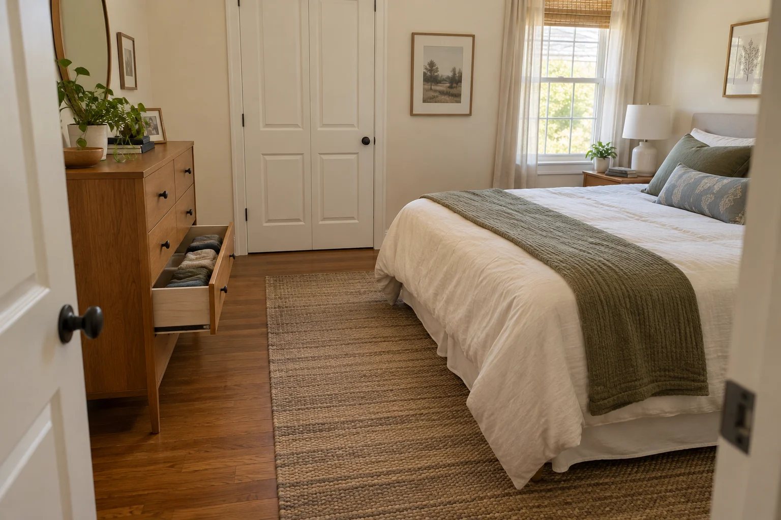Small bedroom with a dresser on the side wall, one lower drawer open, and clear floor between the dresser and bed