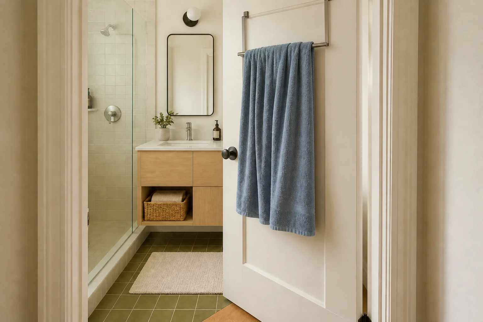 Compact bathroom with a blue towel spread across an over-door rail and clean towels stored in a vanity basket